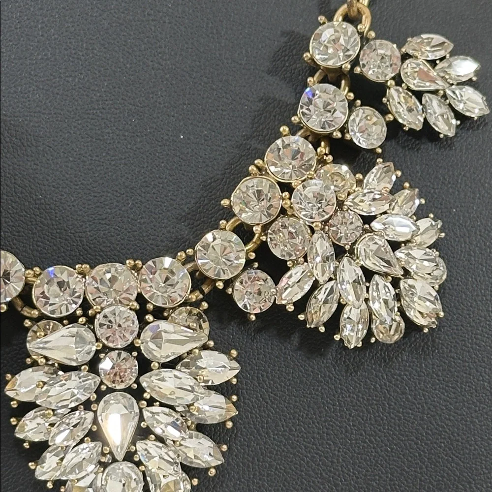 J Crew Vintage White Crystal Cluster Antique Gold Tone Statement Bib Necklace